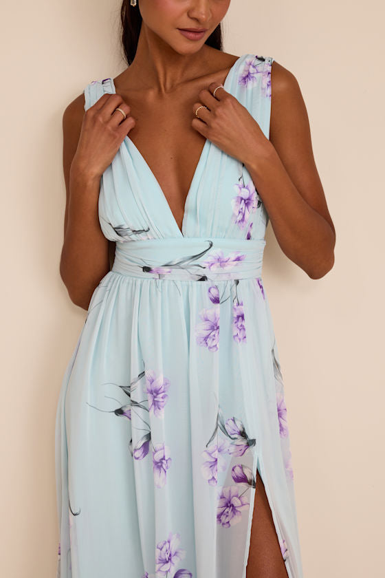 Garden Meandering Mint Blue Floral Print Maxi Dress