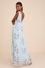 Garden Meandering Mint Blue Floral Print Maxi Dress