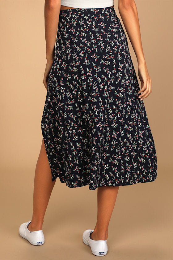 Bliss Me Navy Blue Floral Print Midi Skirt