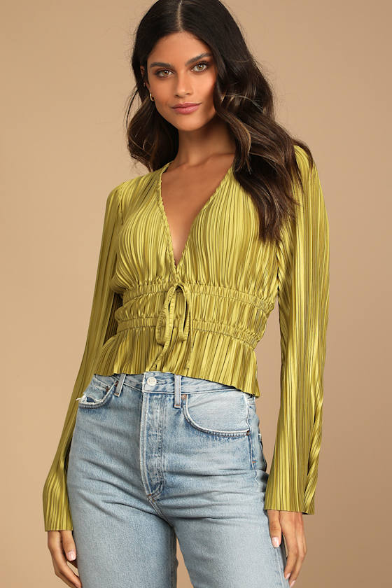 Staying Optimistic Chartreuse Pleated Bell Sleeve Top