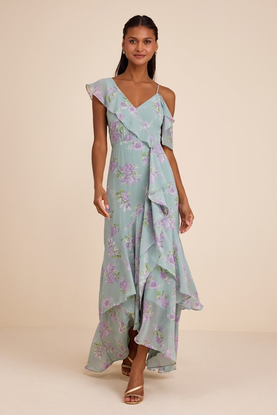 Velma Sage Floral Ruffled Asymmetrical Maxi Dress