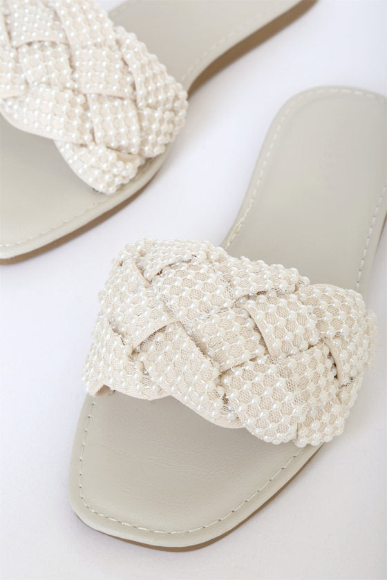Avalon Ivory Pearl Braided Flat Slide Sandals
