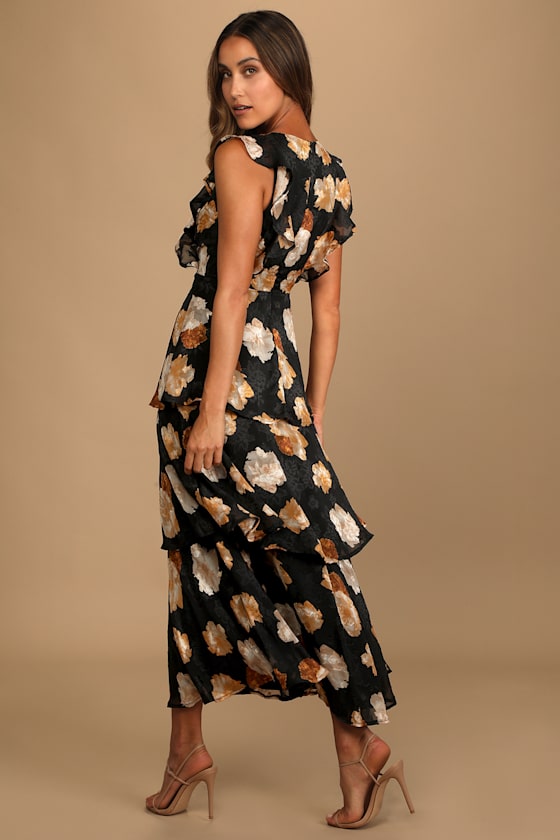 No Introductions Needed Black Burnout Floral Tiered Maxi Dress