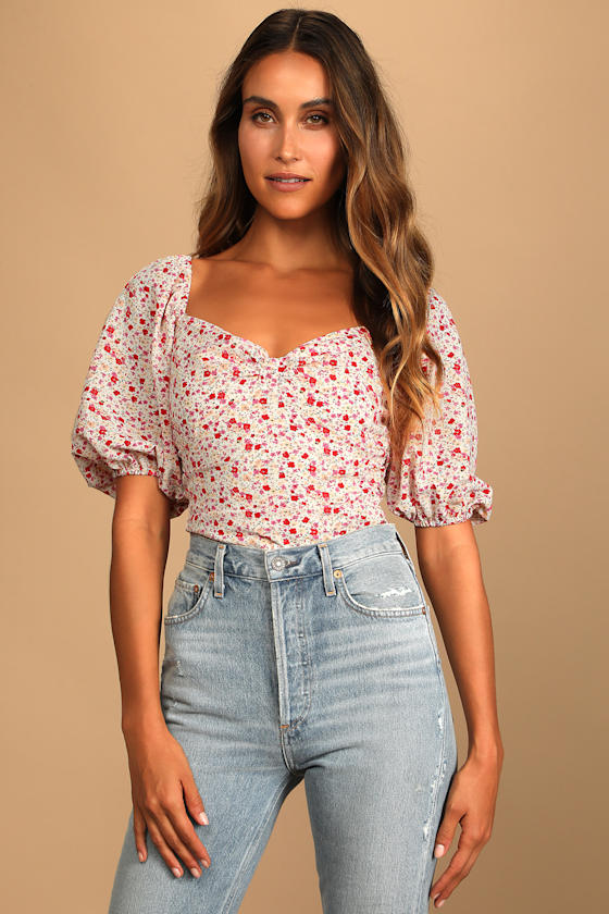 Beautiful Hues Ivory Floral Print Puff Sleeve Ruched Bodysuit
