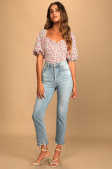 Beautiful Hues Ivory Floral Print Puff Sleeve Ruched Bodysuit
