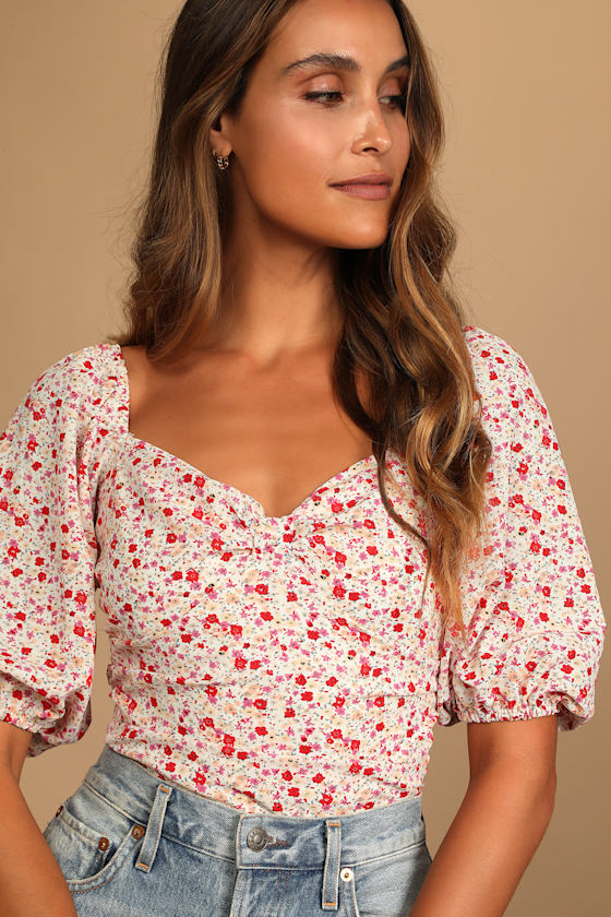 Beautiful Hues Ivory Floral Print Puff Sleeve Ruched Bodysuit