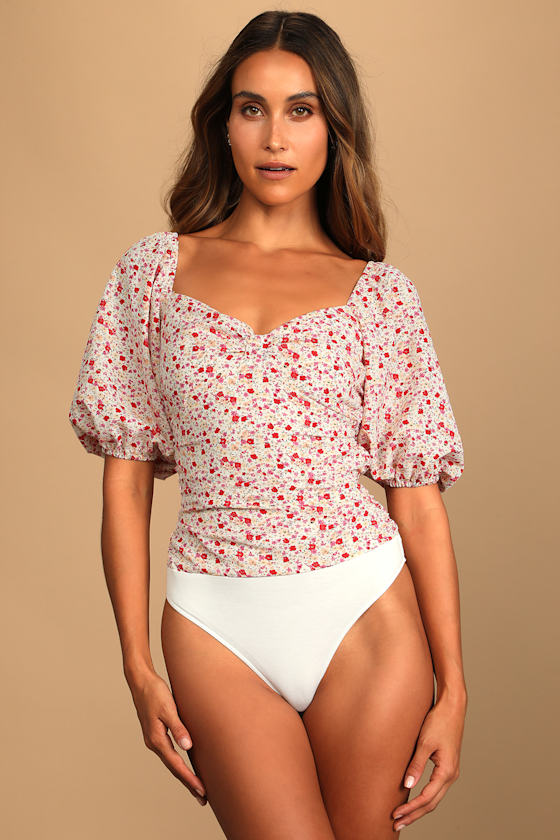 Beautiful Hues Ivory Floral Print Puff Sleeve Ruched Bodysuit