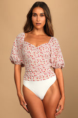 Beautiful Hues Ivory Floral Print Puff Sleeve Ruched Bodysuit