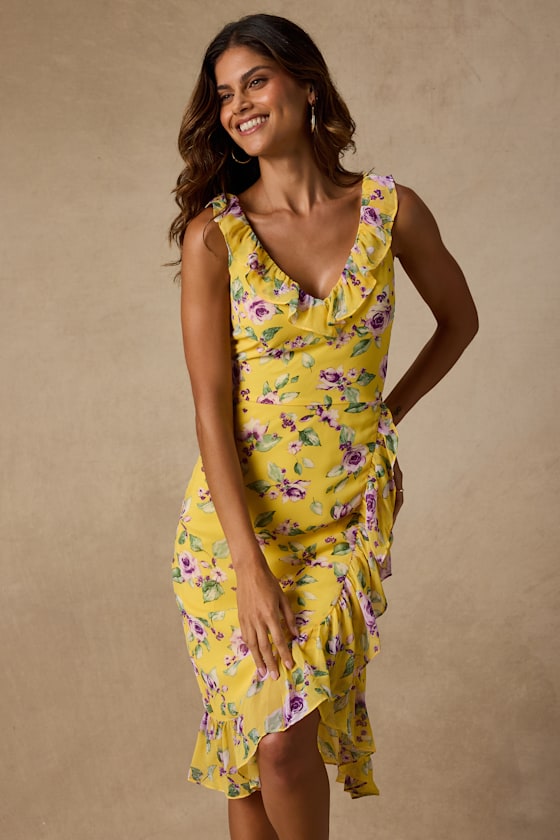 Rio Yellow Multi Floral Ruffled Midi Dress