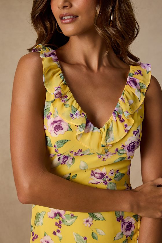 Rio Yellow Multi Floral Ruffled Midi Dress