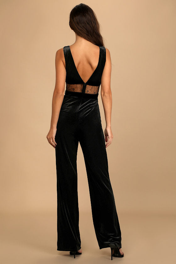 Luxurious Ease Black Velvet Straight Leg Jumpsuit