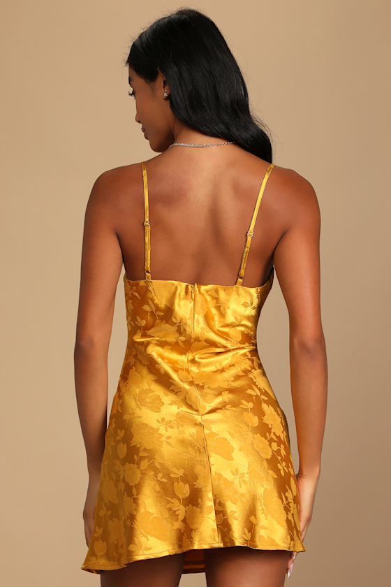 Close to Your Heart Golden Yellow Satin Jacquard Cowl Slip Dress