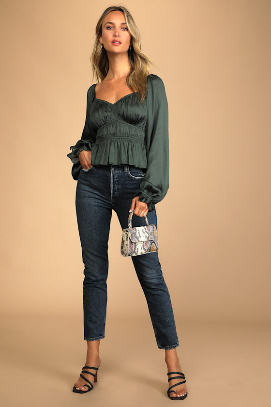Sophisticate Dark Green Satin Ruched Long Sleeve Top