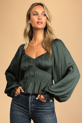 Sophisticate Dark Green Satin Ruched Long Sleeve Top