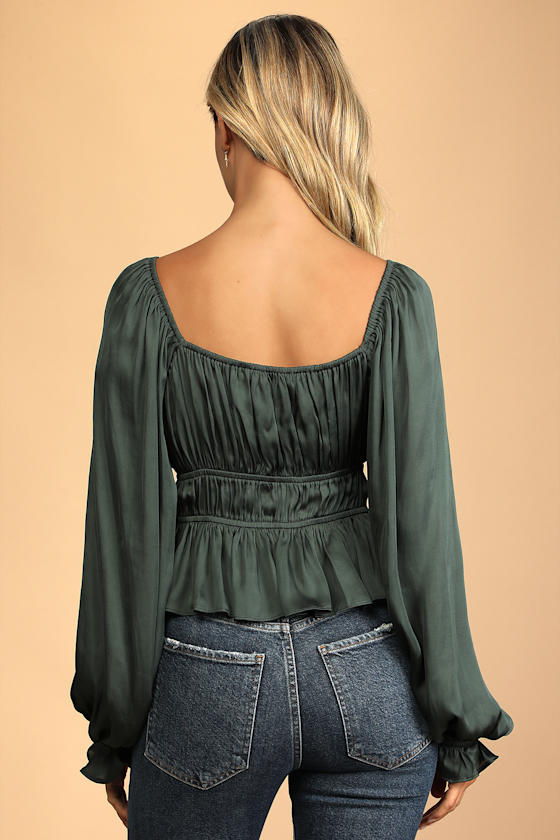 Sophisticate Dark Green Satin Ruched Long Sleeve Top
