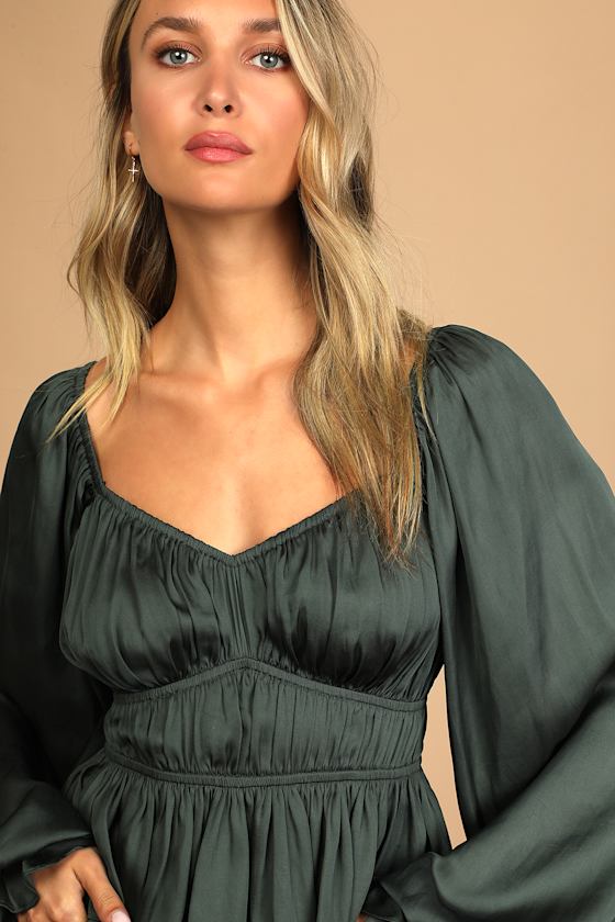 Sophisticate Dark Green Satin Ruched Long Sleeve Top