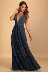 Especially Stunning Blue Sparkly Pleated Maxi Dress