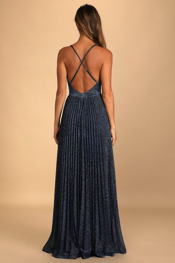 Especially Stunning Blue Sparkly Pleated Maxi Dress