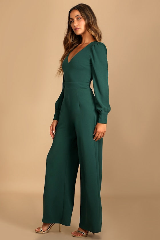 Celebrating Romance Emerald Green Long Sleeve Wide-Leg Jumpsuit