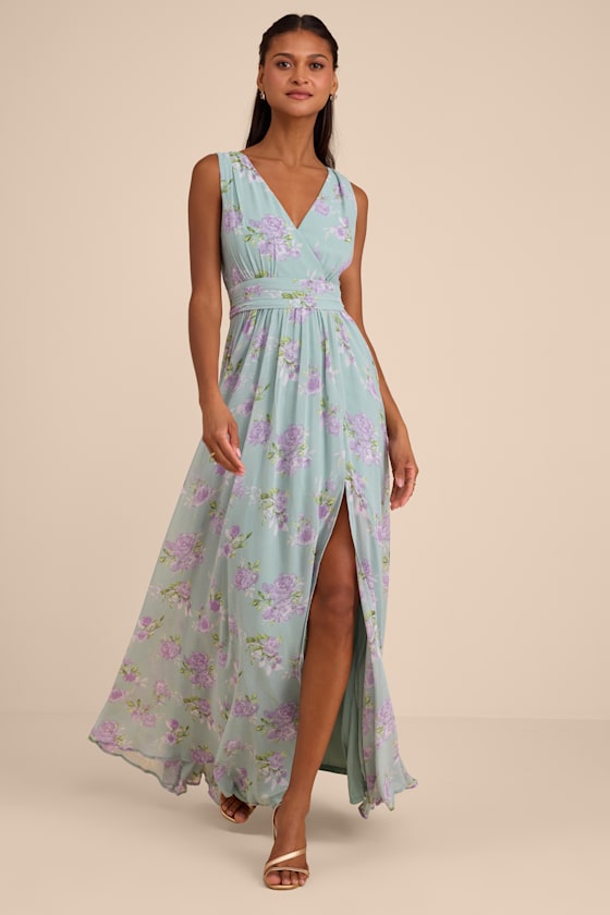 Heavenly Hues Sage Floral Surplice Maxi Dress