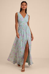 Heavenly Hues Sage Floral Surplice Maxi Dress