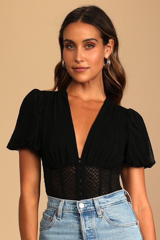Properly Trendy Black Mesh Puff Sleeve Bodysuit