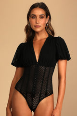 Properly Trendy Black Mesh Puff Sleeve Bodysuit