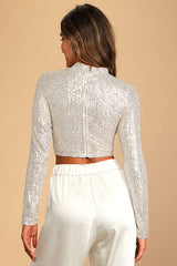 Dazzling Beauty Silver Sequin Long Sleeve Mock Neck Crop Top