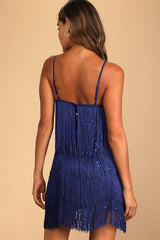 Get in the Groove Navy Blue Sequin Fringe Bodycon Dress