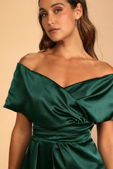 Always Celebrating Dark Green Satin Off-the-Shoulder Mini Dress