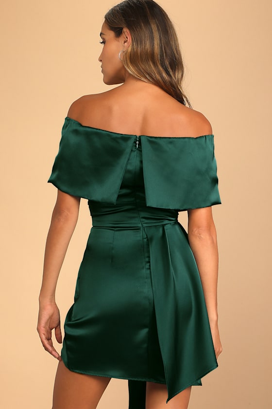 Always Celebrating Dark Green Satin Off-the-Shoulder Mini Dress