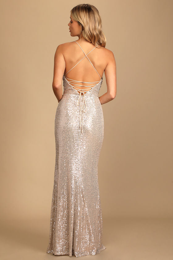 Evenings of Elegance Silver Sequin Lace-Up Maxi Dress