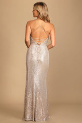 Evenings of Elegance Silver Sequin Lace-Up Maxi Dress