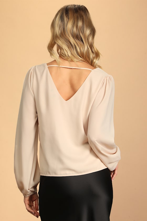 Stylish and Sincere Beige Long Sleeve V-Neck Top