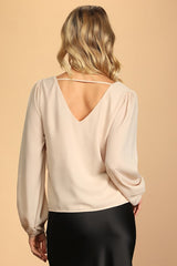 Stylish and Sincere Beige Long Sleeve V-Neck Top