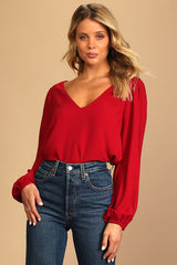 Stylish and Sincere Berry Red Long Sleeve V-Neck Top