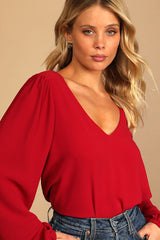 Stylish and Sincere Berry Red Long Sleeve V-Neck Top