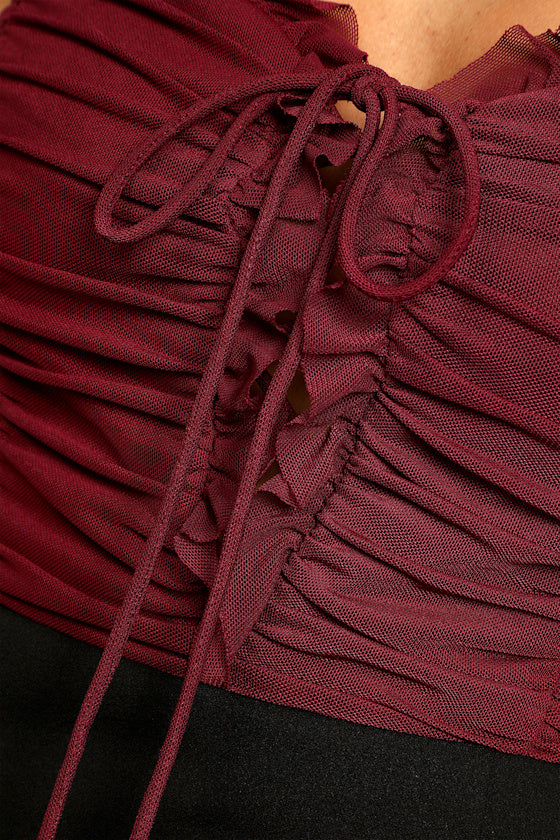 Some Nights Burgundy Lace-Up Ruched Sleeveless Bodysuit