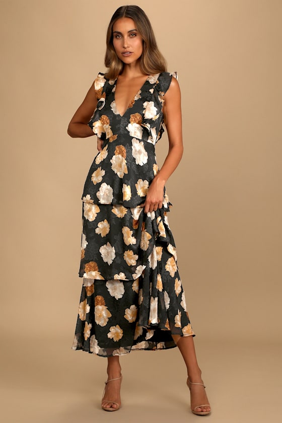 No Introductions Needed Black Burnout Floral Tiered Maxi Dress