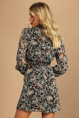 Autumn Bliss Black Floral Print Long Sleeve Cutout Mini Dress
