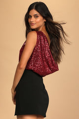Evening of Wonder Burgundy Sequin Cowl Back Bodysuit