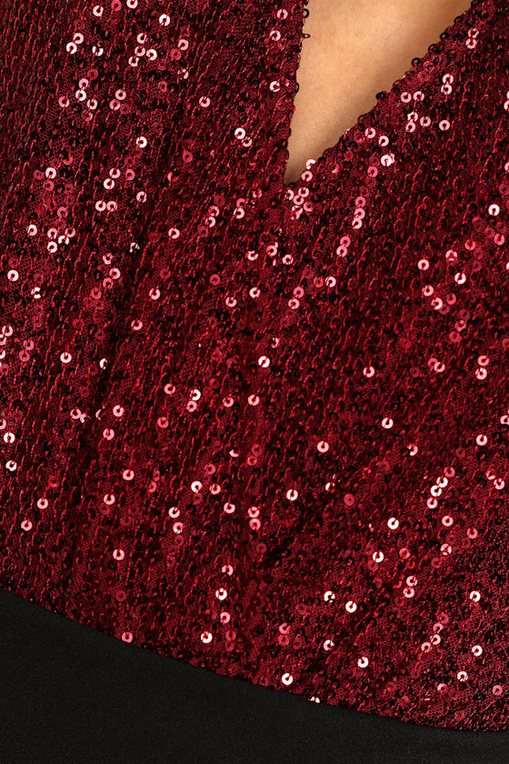 Evening of Wonder Burgundy Sequin Cowl Back Bodysuit