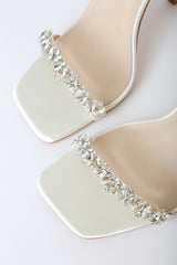 Goldiena White Satin Rhinestone Ankle Strap Heels