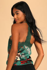 Blossoming Bliss Green Floral Print Satin Lace Cami Top