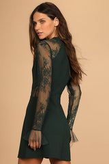 Bragging Rights Forest Green Lace Long Sleeve Skater Dress