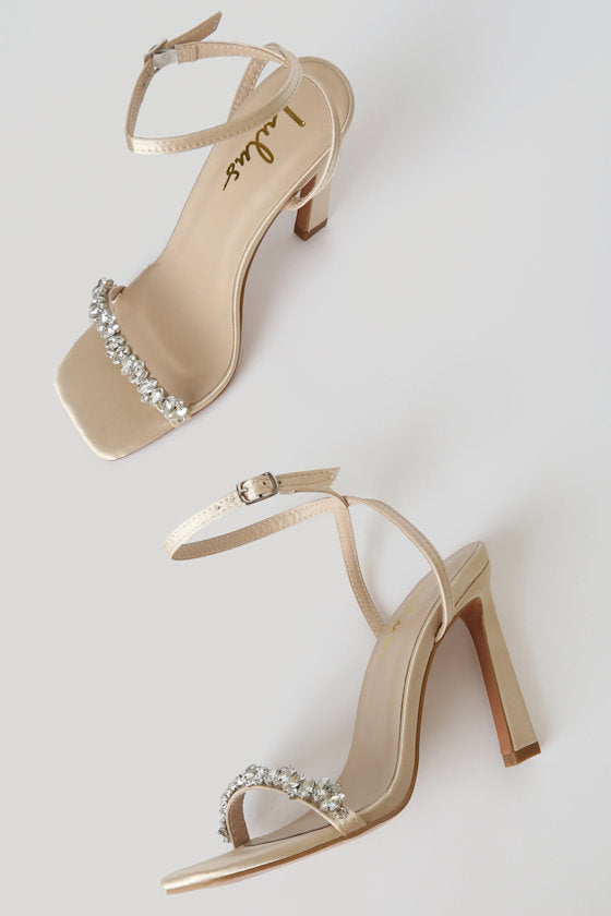 Goldiena Champagne Satin Rhinestone Ankle Strap Heels