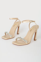 Goldiena Champagne Satin Rhinestone Ankle Strap Heels