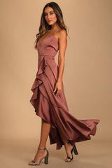 Enchanted Moments Mauve Pink Satin Ruffled High-Low Dress