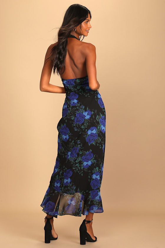 Elegant Entrance Black Floral Print Halter Maxi Dress