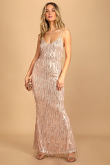 Endless Festivities Rose Gold Sequin Fringe Lace-Up Maxi Dress